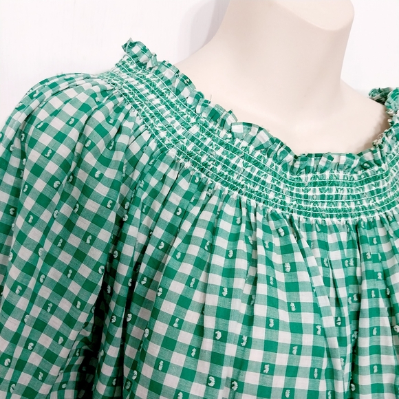 🔵BOGO FREE🔵 Izod Green Gingham Off-Shoulder Peasant Top Sz L - Picture 2 of 5